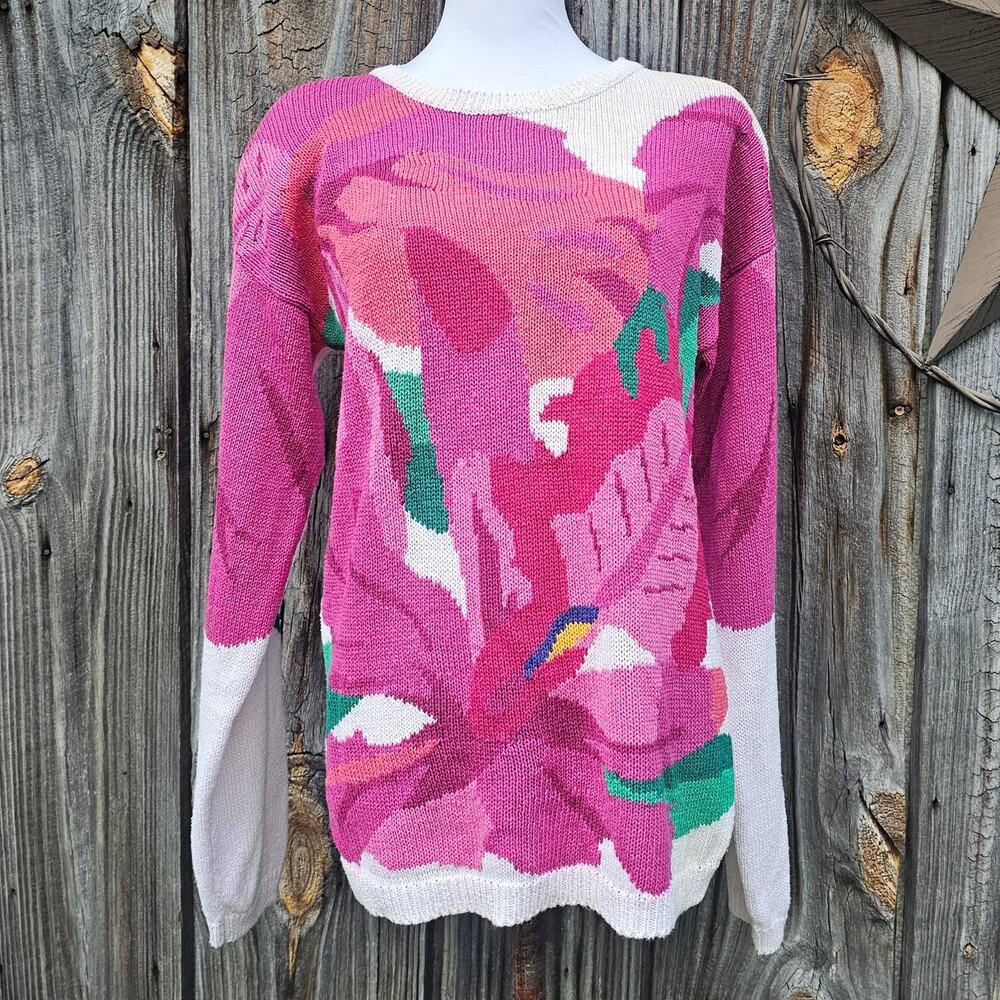 Bold Floral Sweater Pierre Cardin Size S White Pink Flower Vintage Bright Color